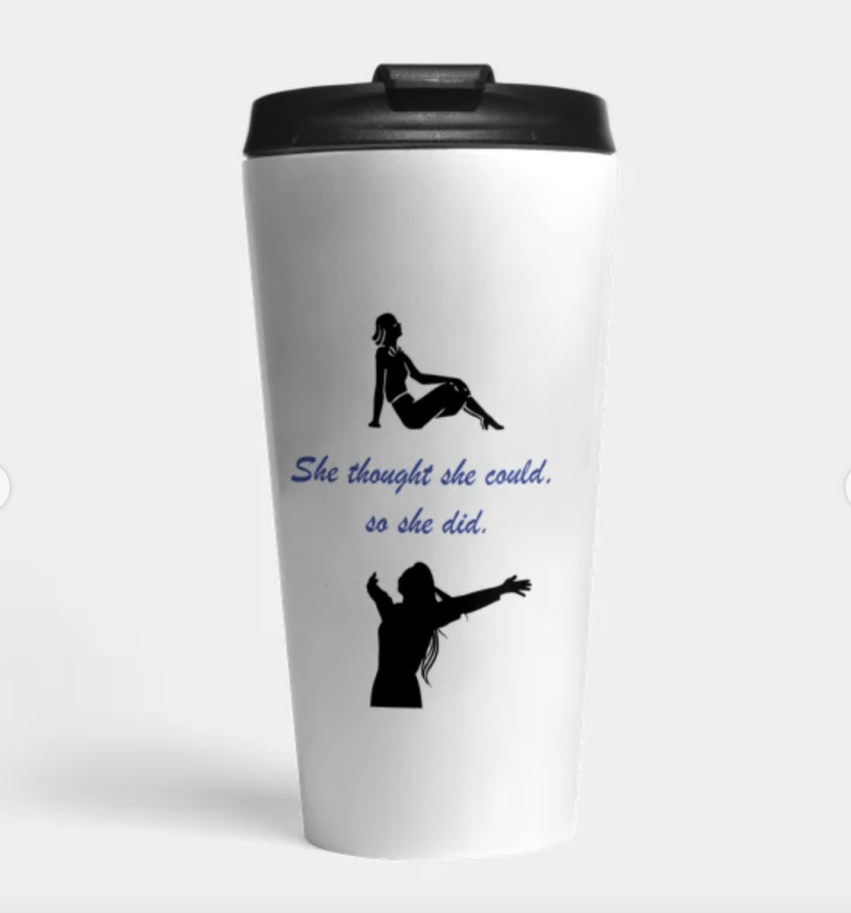 This travel mug is the perfect gift for a female entrepreneur, friend, wife, daughter, or relative. She'll love the quote on it, "She thought she could, so she did." Product Details: Insulated stainless steel. 15oz capacity. Top-shelf dishwasher safe.Color: White background with black graphics and blue text. Black lid.