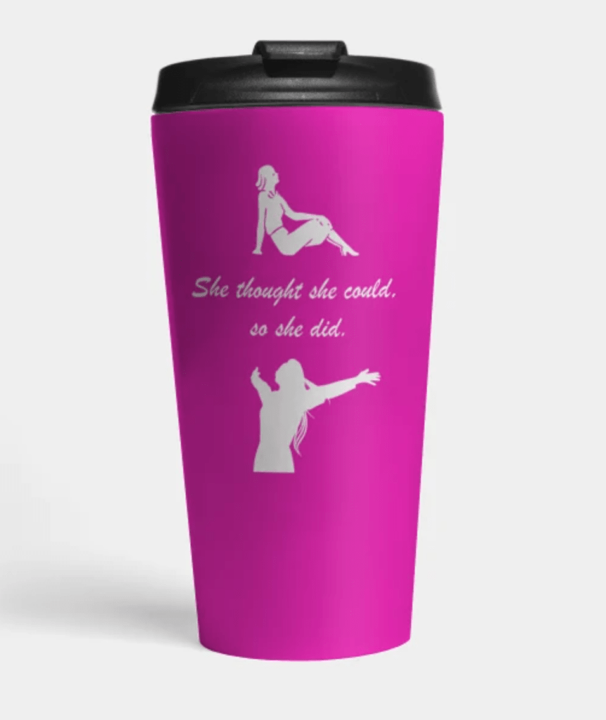 This pink travel mug is the perfect gift for a female entrepreneur, friend, wife, daughter, or relative. She'll love the quote on it, "She thought she could, so she did." Product Details: Insulated stainless steel. 15oz capacity. Top-shelf dishwasher safe. Color: Pink background with white graphics and text. Black lid. Available on TeePublic.com