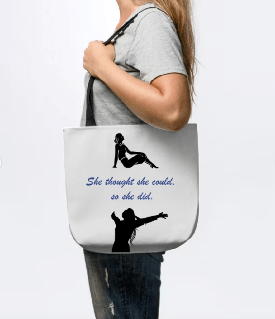 This cute tote is the perfect gift for a female entrepreneur, friend, wife, daughter, or relative. She'll love the quote on it, "She thought she could, so she did." White tote for women with black female images and text in blue.