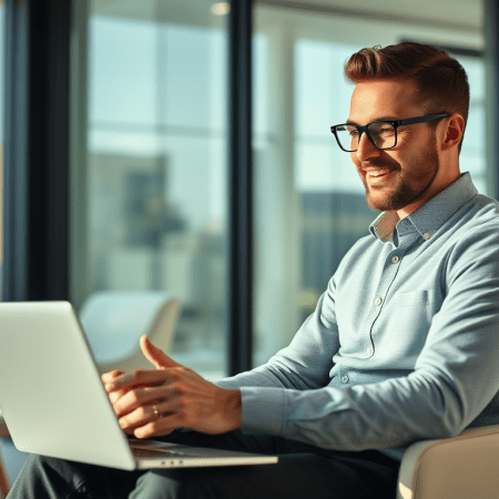 Male Entrepreneur sitting at his laptop happily finding ways to optimize costs through Google Cloud.